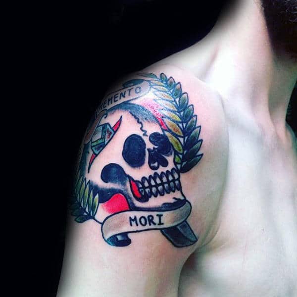 Shoulder Memento Mori Skull Traditional Mens Tattoos