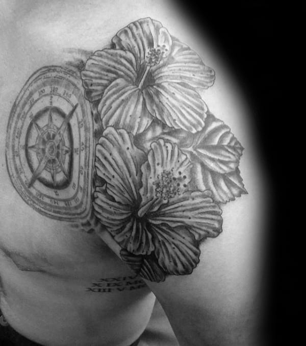 Shoulder Mens Hibiscus Flowers With Compass Tattoo