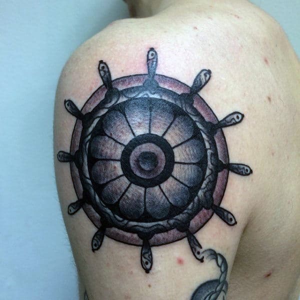 Shoulder Mens Old School Ship Wheel Tattoos