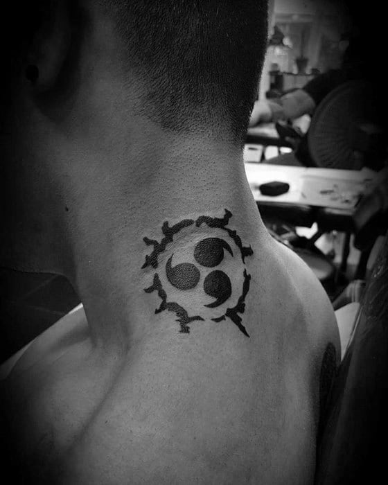 A person with a circular tribal tattoo on their neck, reminiscent of Naruto's spirited energy