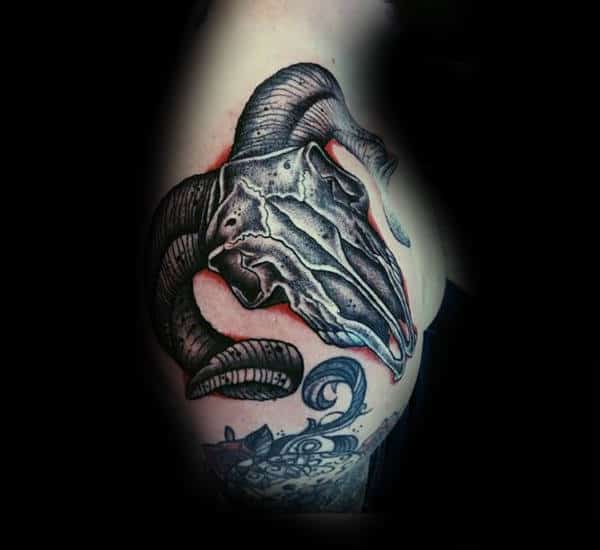 Shoulder Old School Ram Black And Red Ink Tattoo