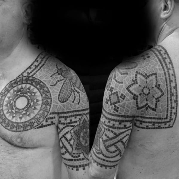 Shoulder Pattern Artistic Male Mosaic Tattoo Ideas