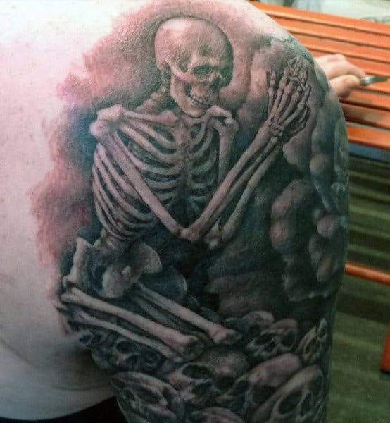 Shoulder Praying Skeleton Tattoo For Men