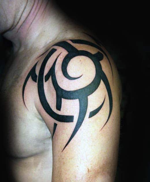 Shoulder Traditional Tribal Sun Black Ink Tattoos For Guys