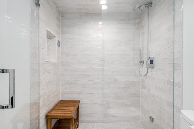 wooden bench in modern shower