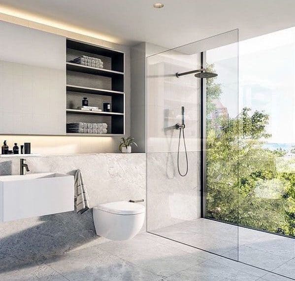 luxury walk-in shower with view floating toilet white sink led wall cabinet lights