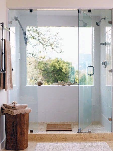 luxury white tile shower forest view wood log table