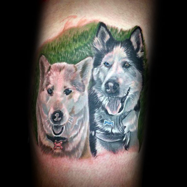 Realistic tattoo of two Siberian Huskies on a man's arm, featuring detailed fur shading, expressive eyes, and a grassy background for a natural look.