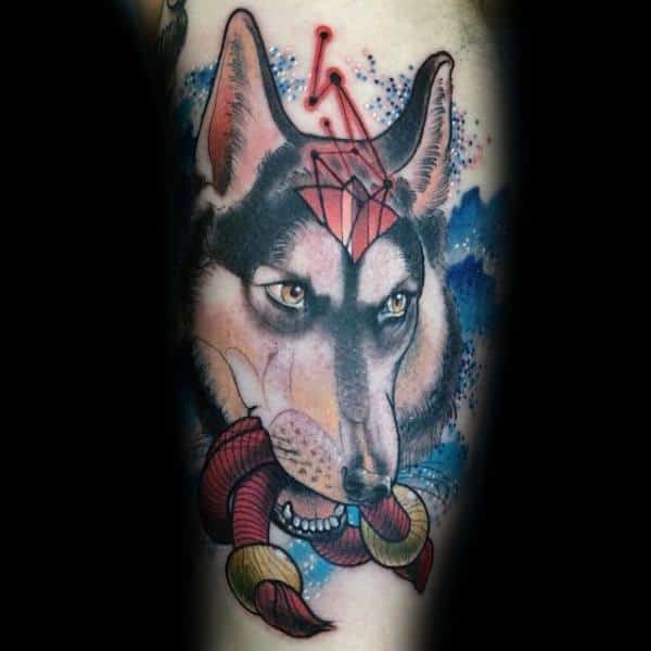 Neo-traditional Siberian Husky tattoo on a man's arm, featuring bold colors, geometric elements, and a cosmic background for a unique artistic look.
