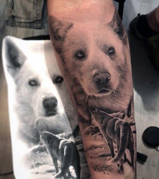 Hyper-realistic Siberian Husky tattoo on a man's forearm, featuring intricate fur details and a pack of wolves, closely matching a reference photo.