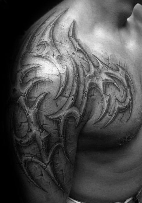 Sick 3d Mens Stone Realistic Tribal Arm And Shoulder Tattoo