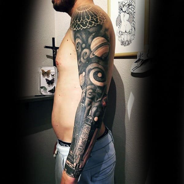 Sick Grey Planets And Buildings Tattoo Male Full Sleeves