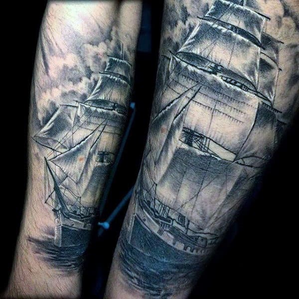 Sick Grey Ship Tattoo Male Sleeve