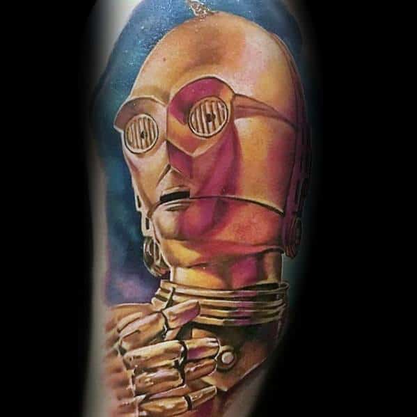 Hyper-realistic C-3PO tattoo with intricate shading, reflective gold detailing, and a dramatic pose, capturing the droid’s expressive character.