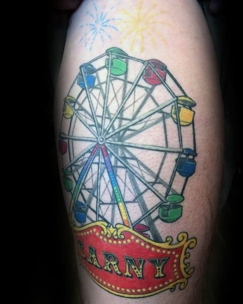 Bright Ferris wheel tattoo with colorful gondolas, fireworks in the background, and a bold carnival-style banner reading "CARNY" for a festive look.