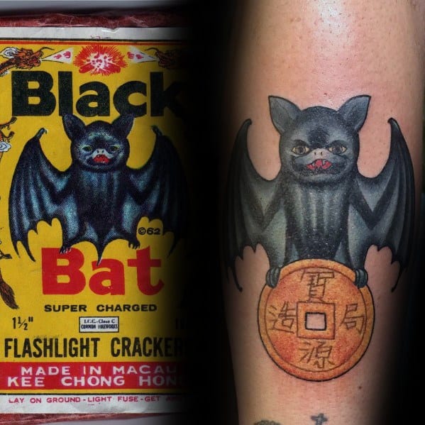 Tattoo of a black bat holding a Chinese coin, inspired by vintage Black Bat firecracker packaging, featuring bold shading and traditional styling.