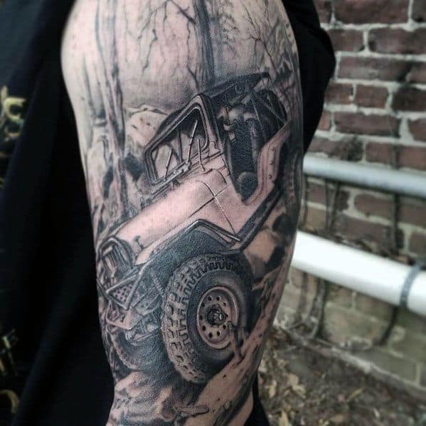 Realistic black and grey tattoo of an off-road Jeep climbing rugged terrain, surrounded by a forest, capturing an adventurous and rugged vibe.