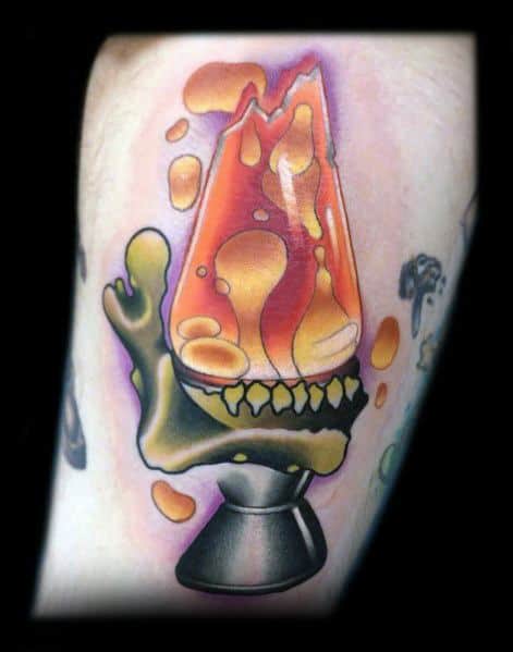 Bold tattoo of a shattered lava lamp with fiery wax and skull-shaped base, ideal for daring men's tattoo inspiration.