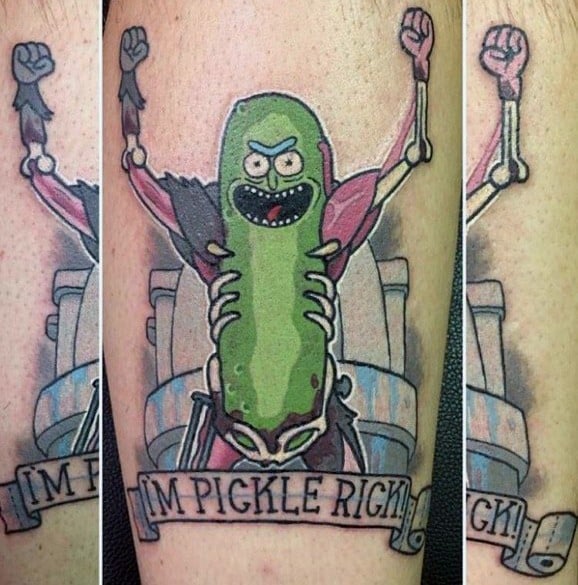 Pickle Rick cyborg tattoo with bold colors, intense expression, and 'I'm Pickle Rick!' banner, featuring a dynamic design on the leg.