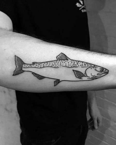 Minimalist black line tattoo of a salmon with fine dot detailing, placed on the forearm for a clean and simple yet realistic design.