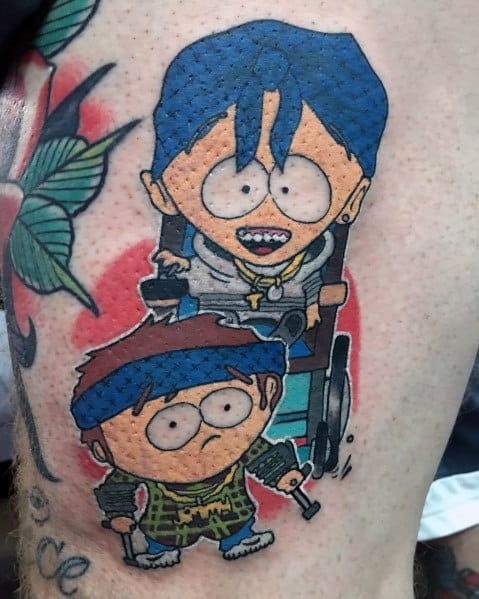 South Park tattoo of Jimmy and Timmy in a gritty, textured style, featuring bold colors, shading, and a red background accent.