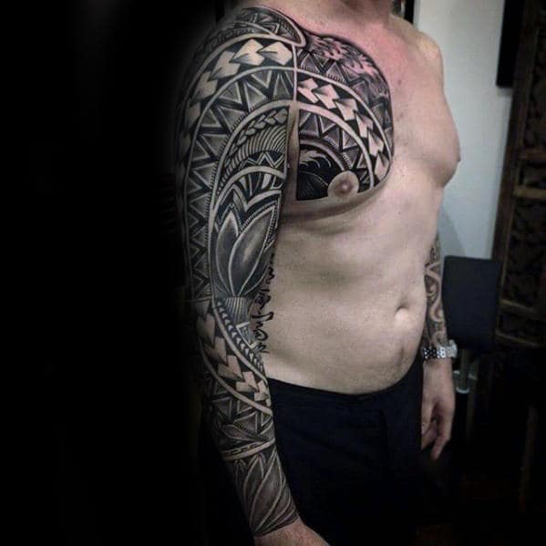Sick Mens Upper Chest And Full Arm Sleeve Tribal Pattern Tattoos