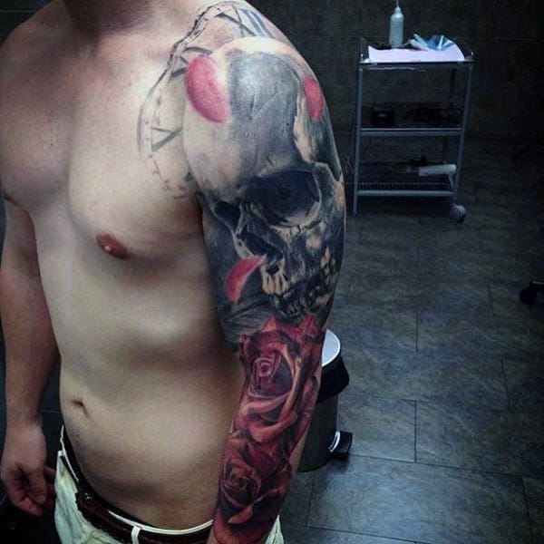 Sick Skull And Red Rose Tattoo Male Sleeves