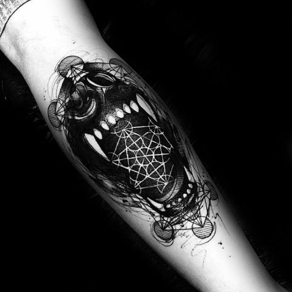 Sick Wolf Teeth Geometric Leg Calf Tattoos For Gentlemen