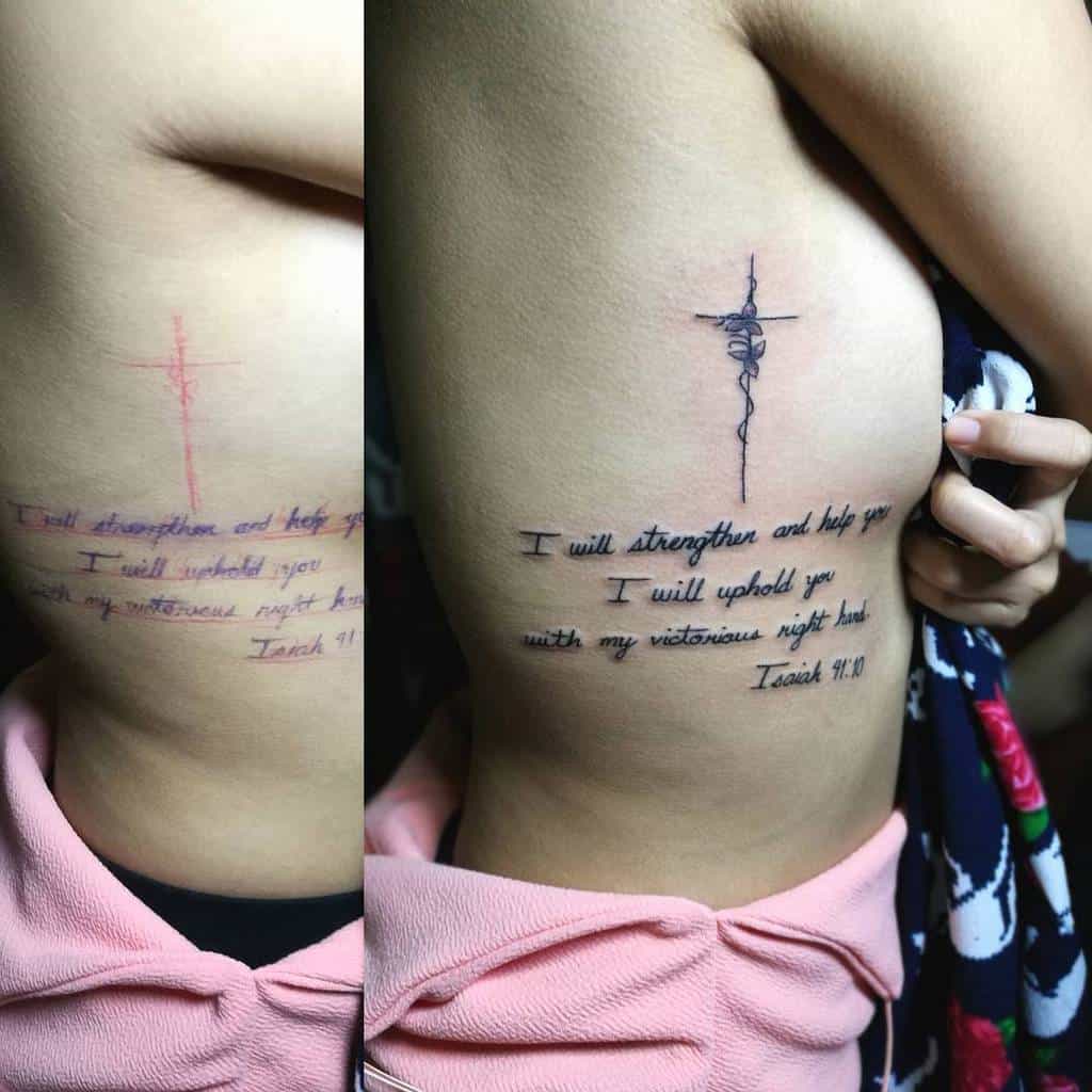A side rib tattoo featuring a minimalistic cross design above a biblical verse from Isaiah 41:10, written in elegant cursive script