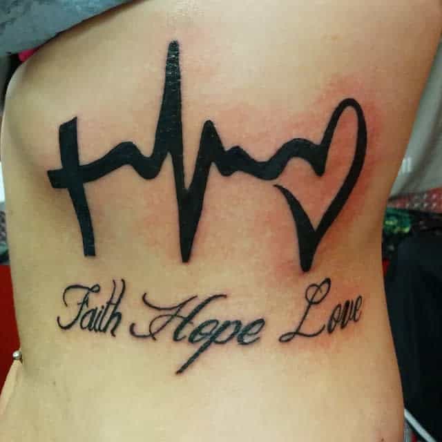 A tattoo featuring a cross, heartbeat, and heart elegantly entwined above the words "Faith Hope Love," symbolizing unwavering belief and enduring passion