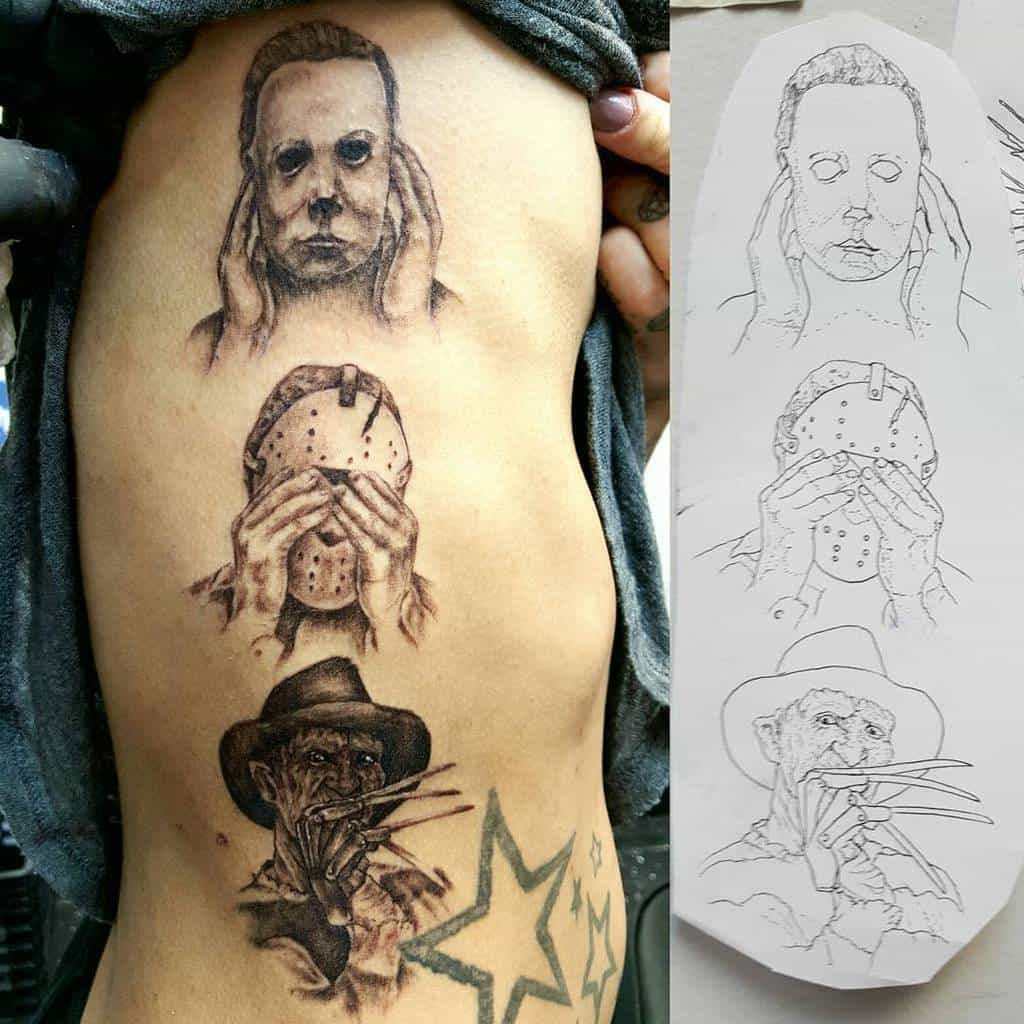 Side tattoo of horror icons Michael Myers, Jason Voorhees, and Freddy Krueger representing 'Hear No Evil, See No Evil, Speak No Evil'