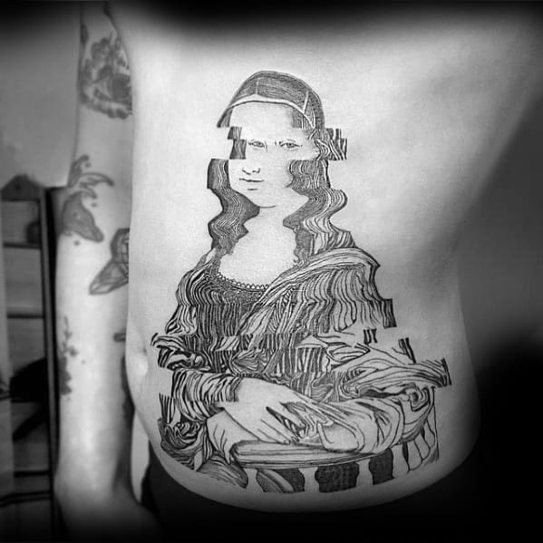 Glitch tattoo of the Mona Lisa with fragmented and distorted lines across the body, giving the iconic artwork a modern, digital twist on the torso