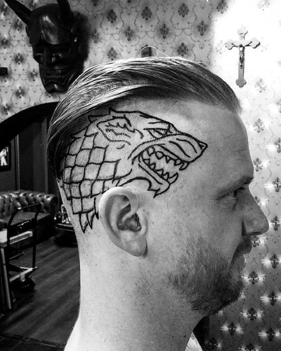 Side Of Head Black Ink Outline Mens Sick Wolf Tattoo Design Ideas
