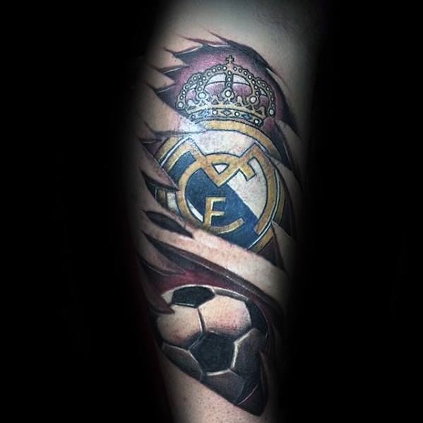 Side Of Leg 3d Mens Real Madrid Tattoo Design Ideas