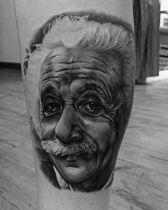 Side Of Leg Amazing Portrait Mens Albert Einstein Tattoo Designs