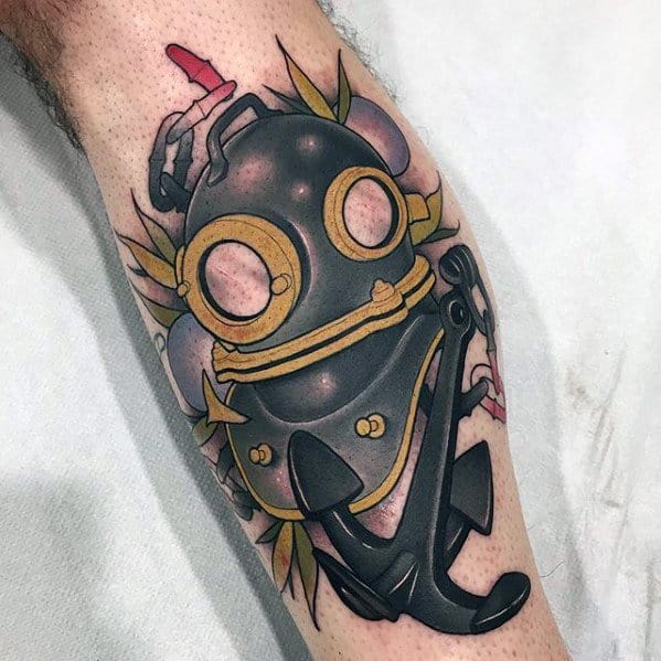 Side Of Leg Anchor 3d Diving Helmet Tattoos Guys