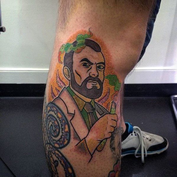 Bold Krieger tattoo featuring the mad scientist in a suit holding a test tube, surrounded by green fumes and tentacle details.