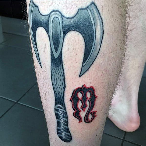 Side Of Leg Axe Tattoo Designs For Guys