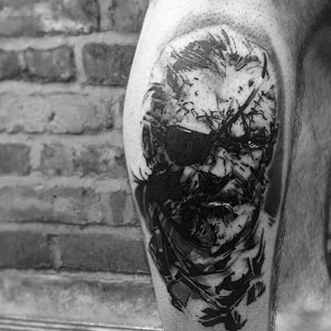 Side Of Leg Big Boss Video Game Gentleman With Metal Gear Tattoo