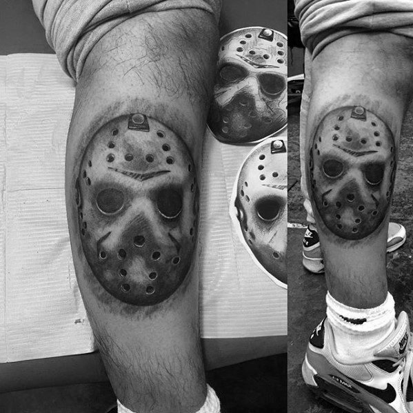 Side Of Leg Black And Grey Shaded Guys Jason Mask Tattoo Design Ideas