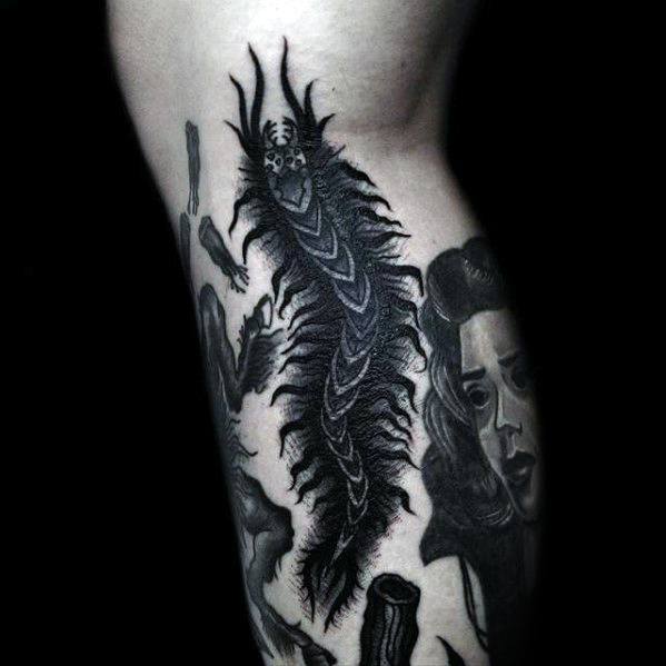 Side Of Leg Black Ink Shaded Centipede Tattoo Designs For Guys