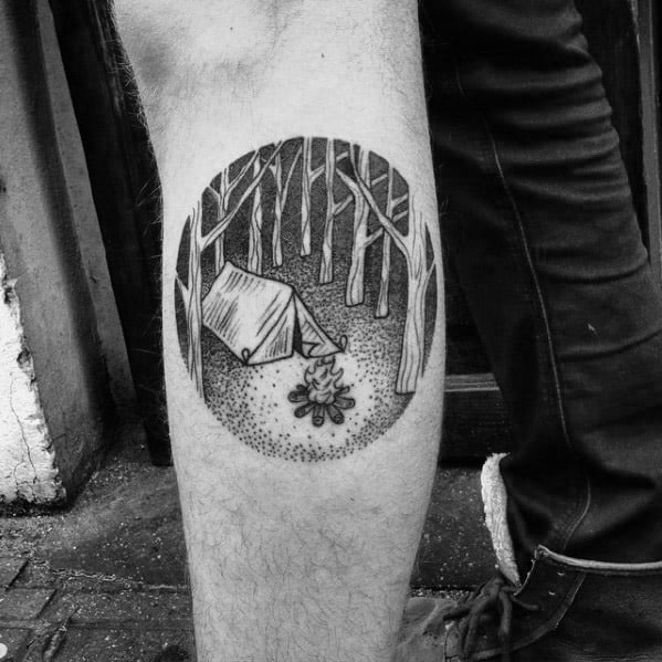Side Of Leg Dotwork Circle Tent Male Tattoo Designs