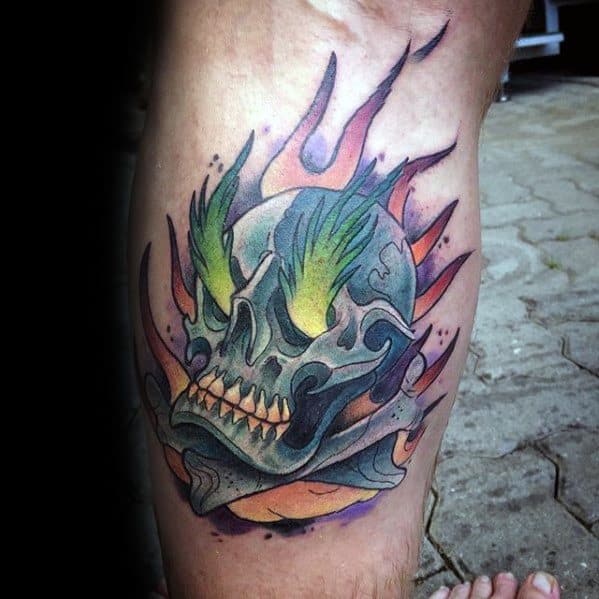 Side Of Leg Flaming Skull Tattoo Ideas For Males