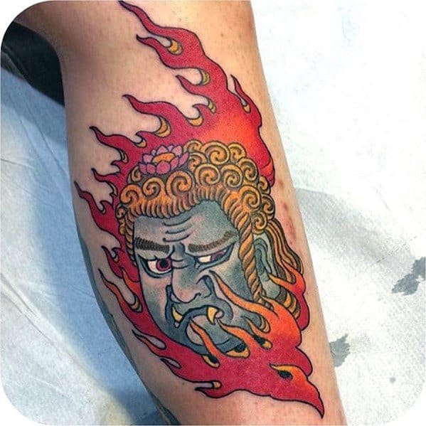 Side Of Leg Fudo Myoo Tattoo Ideas For Males