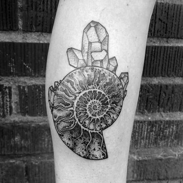 Side Of Leg Guys Ammonite Tattoo Design Ideas