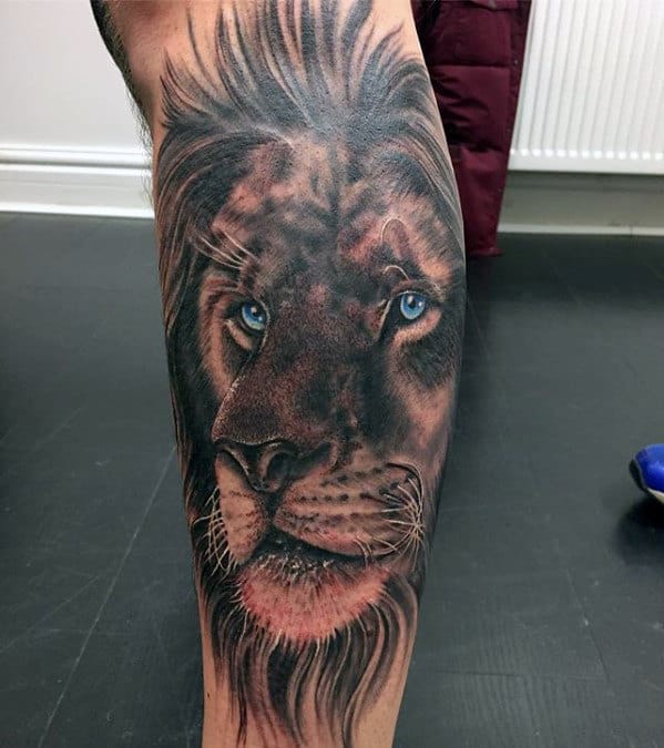 Side Of Leg Guys Lion With Blue Eye Tattoo Ideas