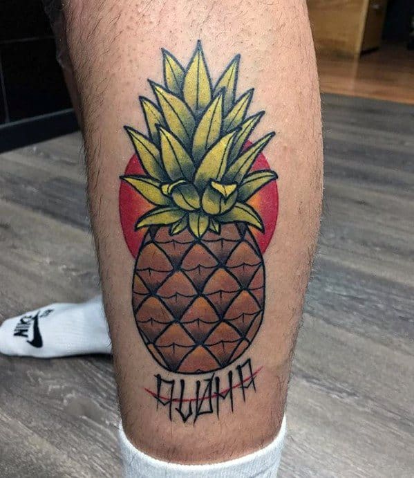 Side Of Leg Guys Pineapple Aloha Tattoo Design Idea Inspiration