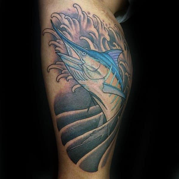 Side Of Leg Japanese Male Marlin Tattoo Ideas