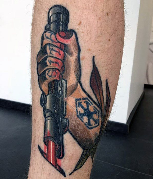 Colorful forearm tattoo of a hand gripping a red lightsaber, with the Sith Empire symbol on the wrist and stylized shading and leaf elements.
