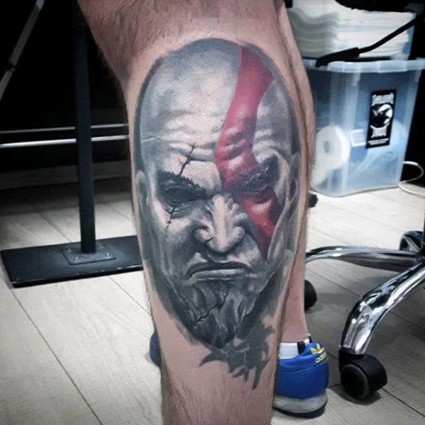 Side Of Leg Male Kratos White Ink Shaded Tattoos